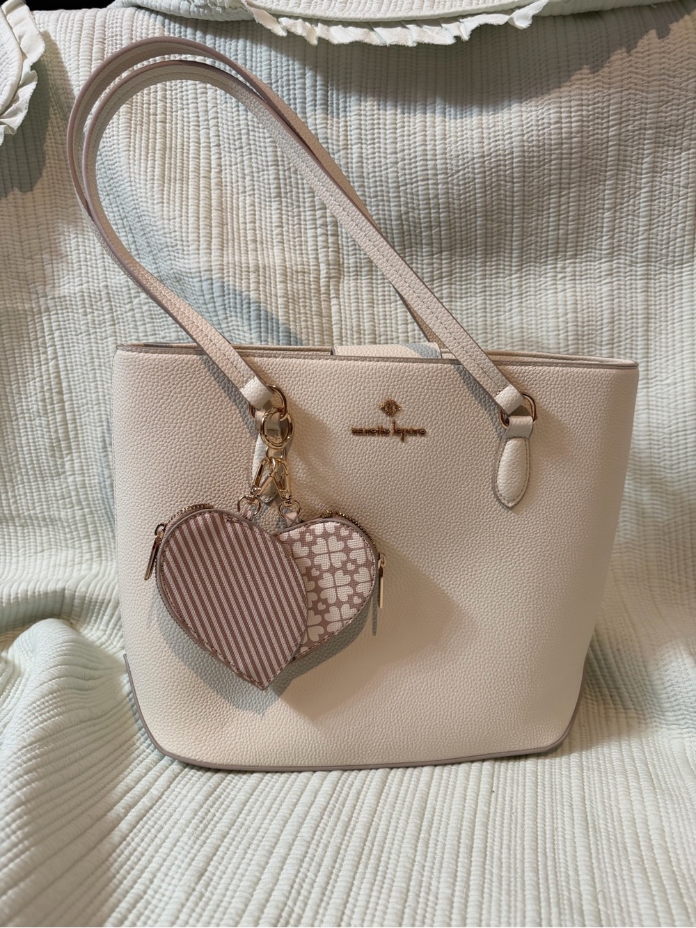 Nanette Lepore Blush White Pebbled Leather Tote with Heart Charm